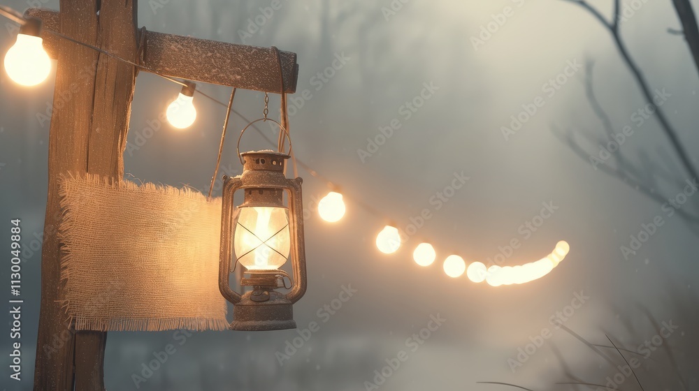 Poster a rustic lantern emits a warm glow in a misty setting, accompanied by soft lights, creating a serene