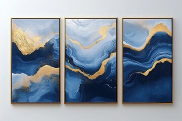 Set of Three Contemporary Abstract Fluid Art Posters in Blue and Gold Framed Decor