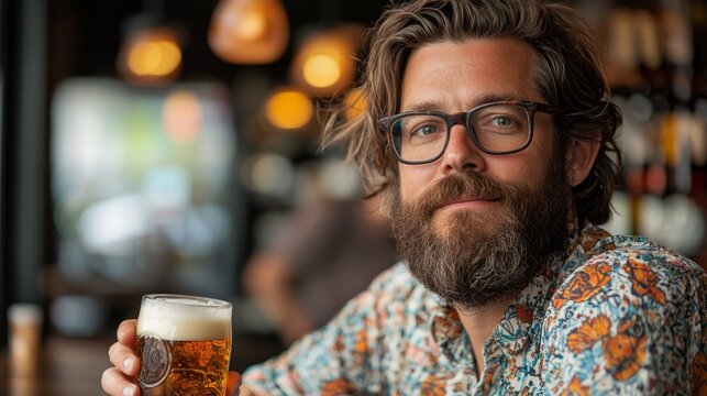 A man with a beard and glasses is holding a glass of beer