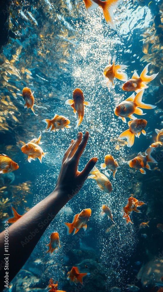 Poster Bubbles rise as colorful goldfish swim gracefully around a reaching hand, creating a captivating interaction beneath the water’s surface in a vibrant aquarium setting