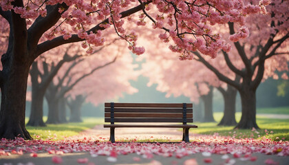 Empty wooden bench in a cherry blossom park, surrounded by pink flowers and soft sunlight, copy space