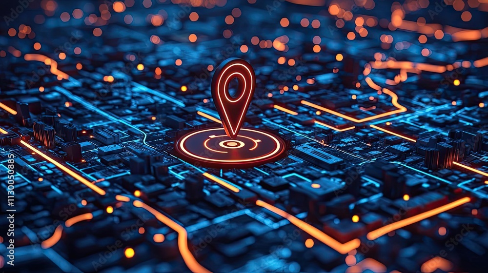 Poster map atlas idea. abstract digital city map with glowing lights and location pin symbol.