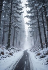 Fototapeta premium Wintry road running through a mystical snow-covered forest, road, cold