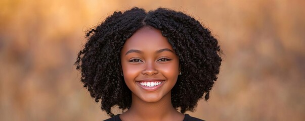 African American pride idea. Smiling young girl with curly hair, radiating joy and confidence in natural light.