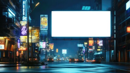 A blank billboard on a bustling street at night, surrounded by neon signs and city lights, awaiting a creative advertisement.