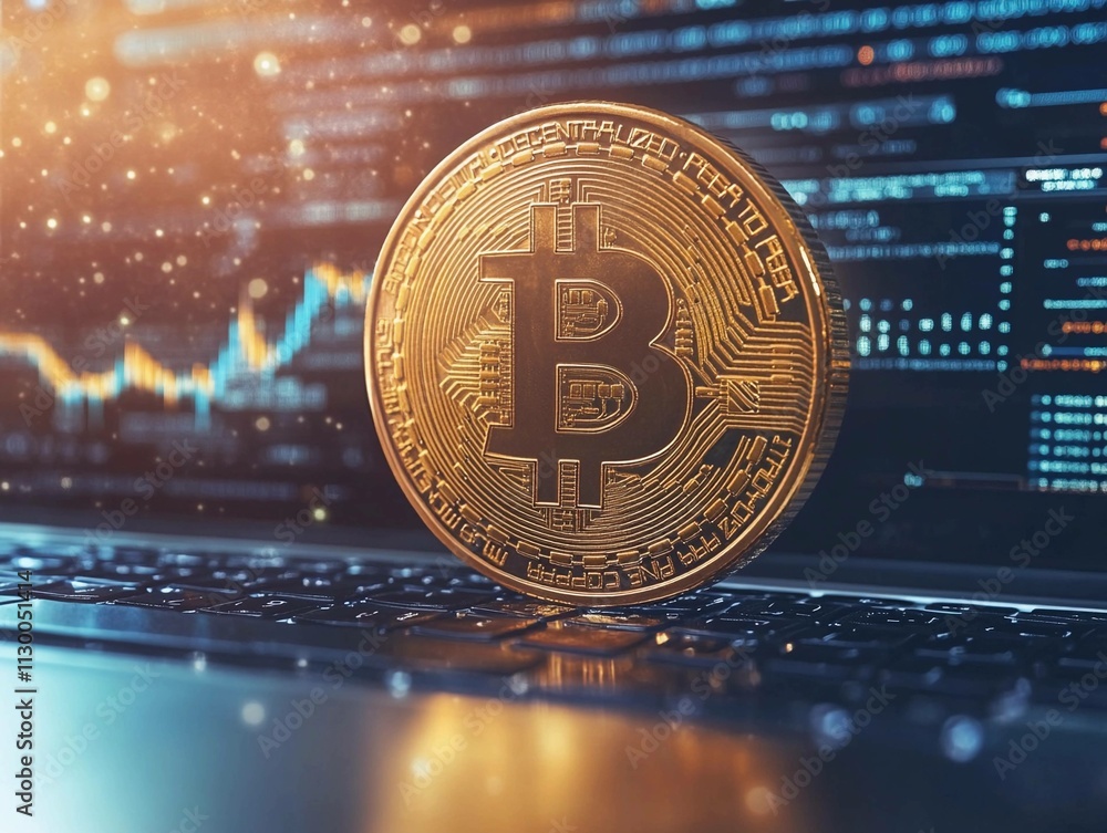 Poster exploring a cryptocurrency wallet on a laptop screen with digital currency graphics. generative ai
