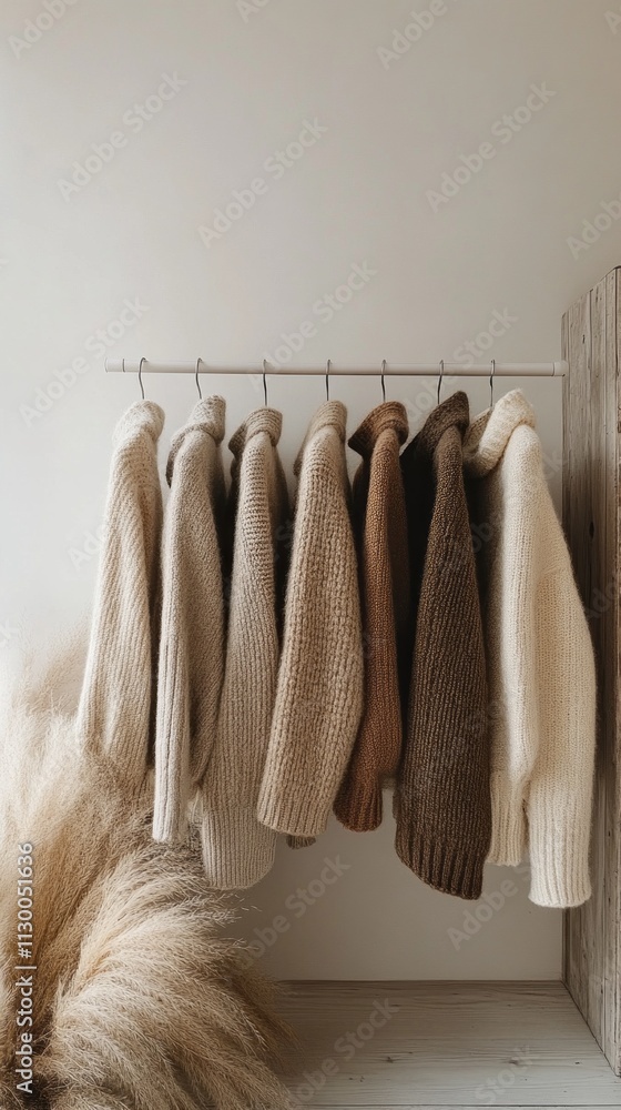 Poster A collection of cozy knitted sweaters hangs neatly on a minimalist rack, presenting an array of beautiful neutral tones. Soft textures invite warmth in a stylish indoor space, enhancing tranquility