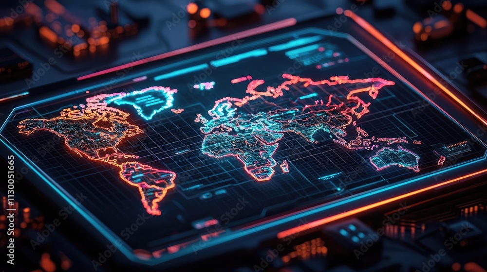 Poster map atlas idea. futuristic world map displayed on a digital interface with vibrant neon colors.