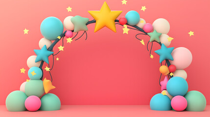 Colorful 3D Balloon Arch with Stars and a Bright Yellow Star on a Soft Pink Background Perfect for Celebrations, Parties, and Events