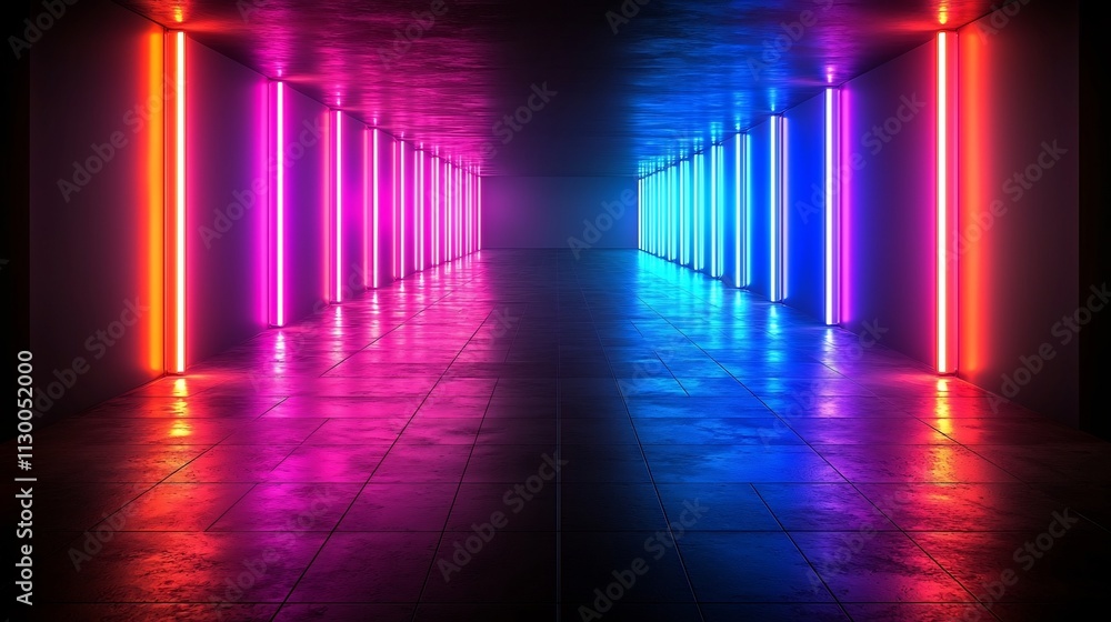 Poster vibrant neon grid floor in futuristic void for product presentation and display concept