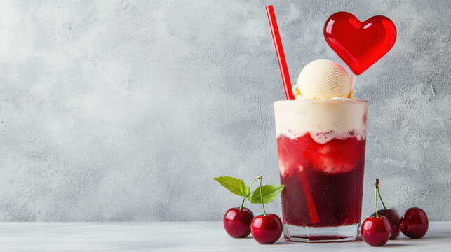 valentine ice cream concept. Delightful cherry soda float topped with vanilla ice cream and heart