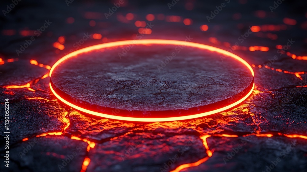 Poster floating neon circle surrounded by soft glowing light rings in dark void for tech product display