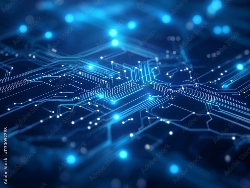 Poster complex electronic circuit design illuminated with glowing blue lights on a dark background reflecti