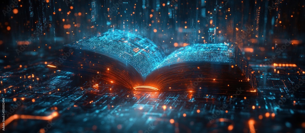 Poster futuristic digital learning book in cyberpunk landscape with neon lights and binary code
