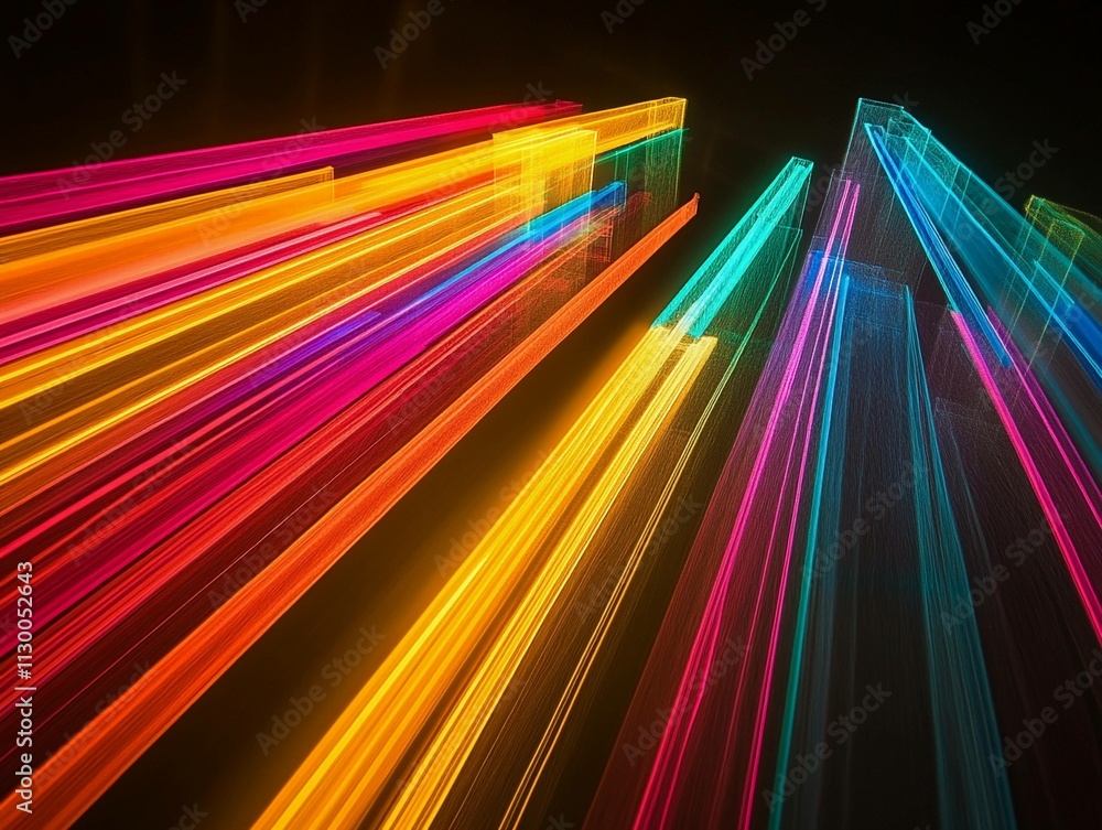 Poster colorful laser beams intersecting in a dynamic display against a dark background. generative ai