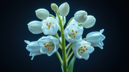 Fototapeta premium Macro shot of a lily of the valley, capturing the tiny bell-shaped flowers in exquisite detail against a black backdrop.