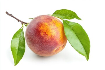 A single ripe peach with a soft reddish yellow skin and two fresh green leaves