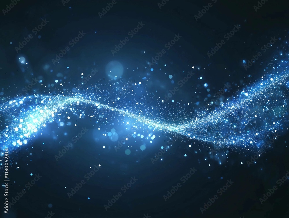Poster shining particles create a mesmerizing wave effect in a deep blue background filled with shimmering 