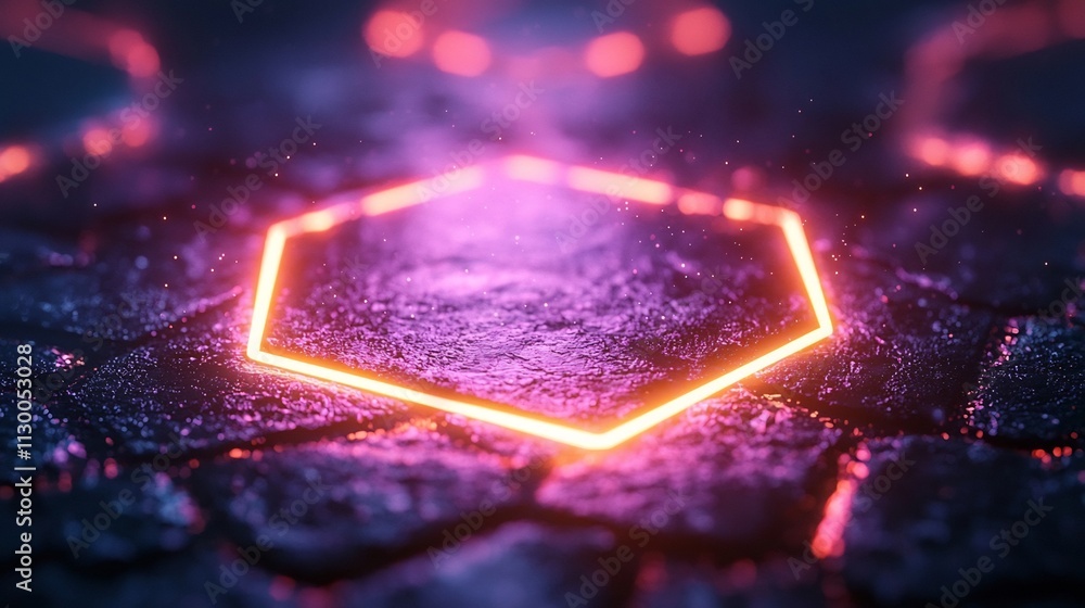 Poster futuristic neon lit floating hexagon in dark void with vibrant hues and sleek design for product con