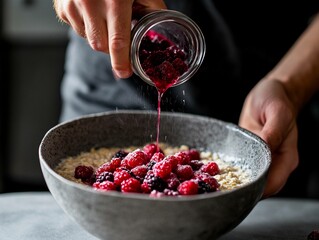 Preparing a nutritious bowl of oatmeal topped with fresh berries in a cozy kitchen setting. Generative AI