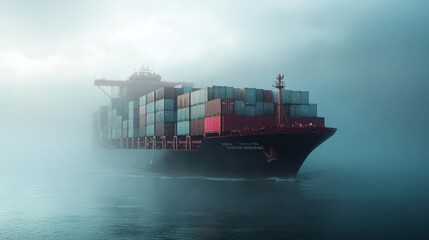 Fototapeta premium A cargo ship sailing through foggy waters, stacked with shipping containers. 