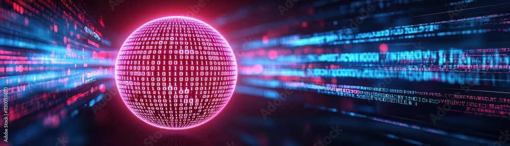 Poster A single neon bowling ball surrounded by binary code projections in a virtual space front view digital binary as object monochromatic color scheme