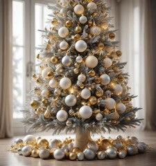 Obraz premium Sparkling white christmas tree adorned with sparkling gold and silver ornaments, white, elegant, Christmas