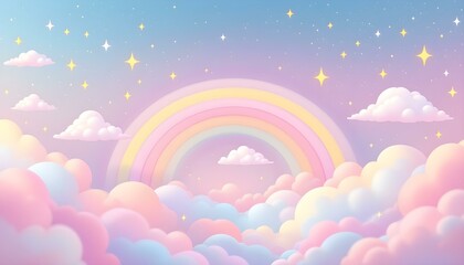 Abstract kawaii colorful sky rainbow with stars and clouds background, soft pastel comic graphic concept, kawaii, colorful, sky. Abstract Kawaii colorful sky rainbow background. Cloud starry sky