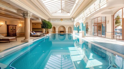 Modern indoor swimming pool with a sophisticated design, featuring large windows for abundant natural light