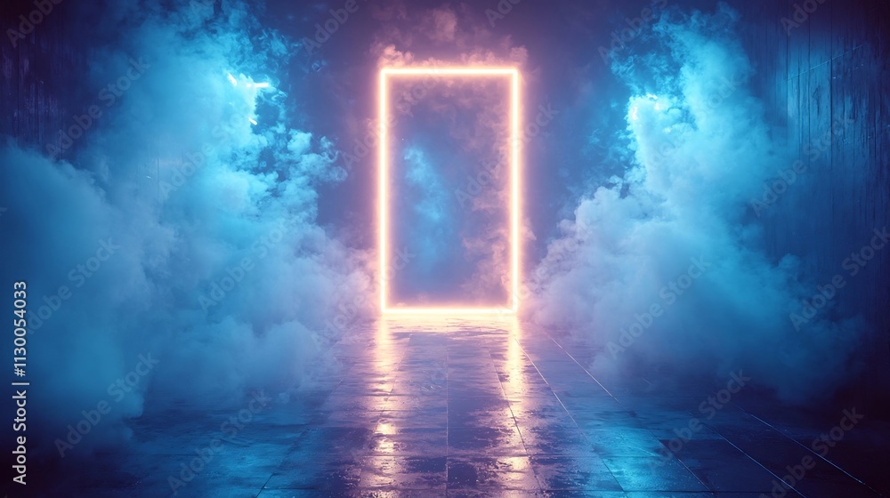 Aufkleber floating neon rectangle in ethereal blue mist space for tech display or product concept