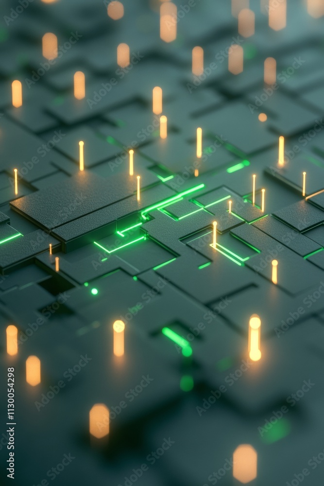 Poster digital cityscape aerial abstract of encrypted data flow with glowing holographic lines