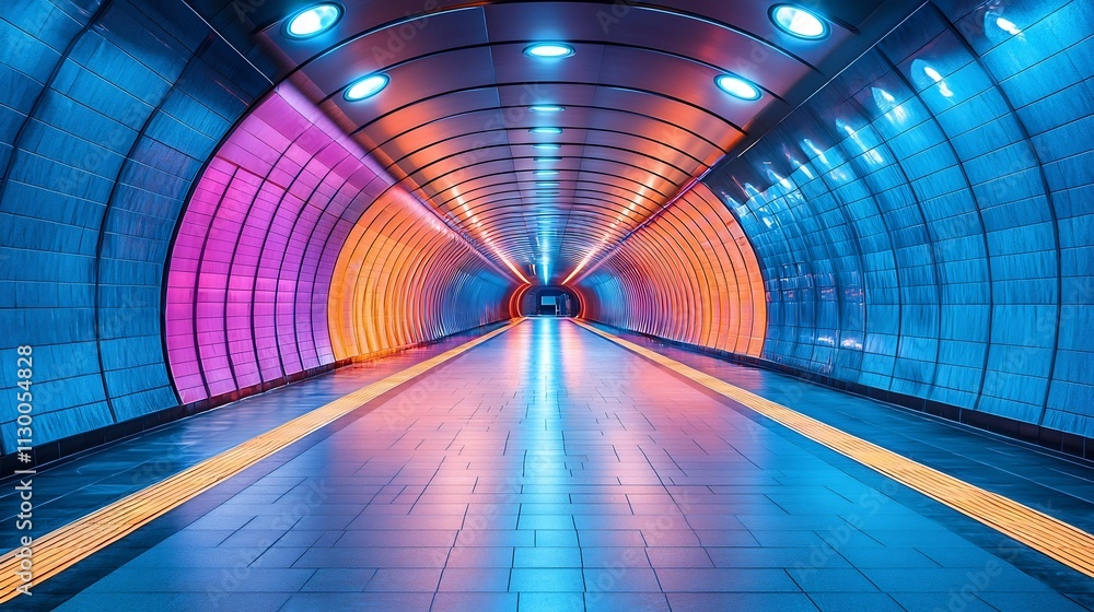Poster neon lit tunnel with glowing lines stretching into infinite space for modern product display