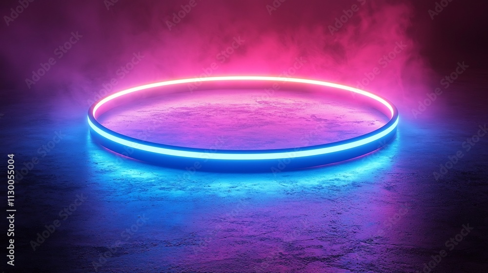 Poster vibrant neon ring floating in void background for product showcasing