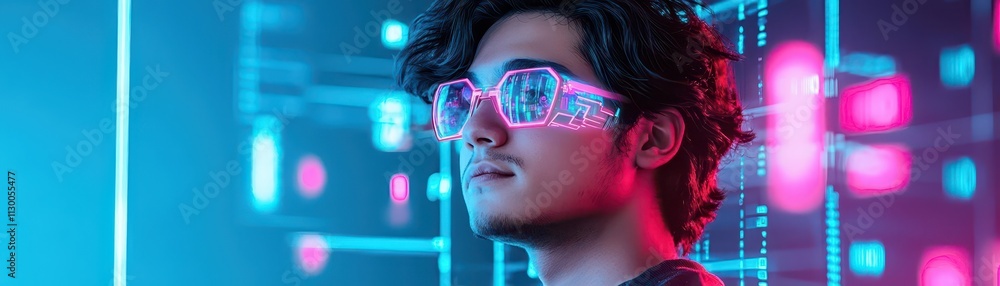 Poster a techsavvy entrepreneur using futuristic tools like holographic spreadsheets in a neonlit startup o