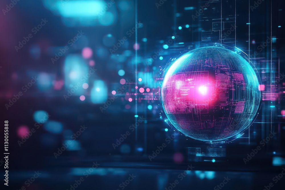 Aufkleber A vibrant neon bowling ball surrounded by laser projections and glowing holograms side view futuristic tone complementary color scheme