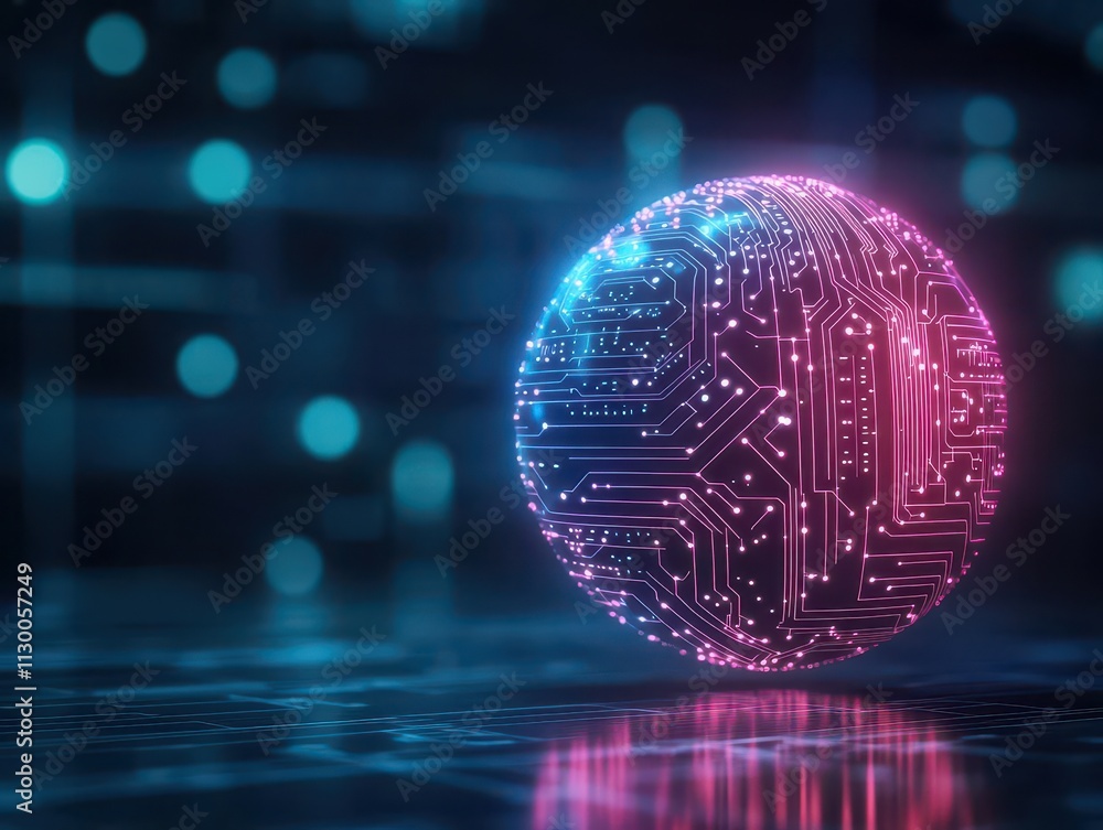Aufkleber A vivid neon bowling ball with intricate glowing circuitry patterns side view technology tone triadic color scheme
