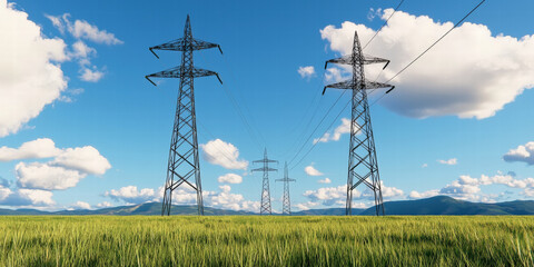 A serene landscape featuring power lines against a vibrant sky with clouds, blending technology and...