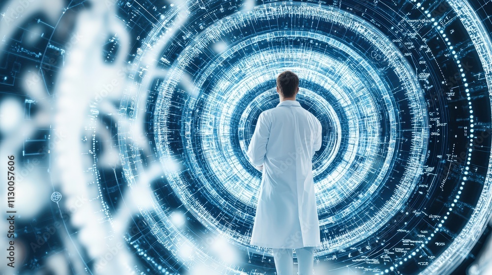 Aufkleber a researcher in a white lab coat standing amidst a swirl of abstract concepts and formulas.