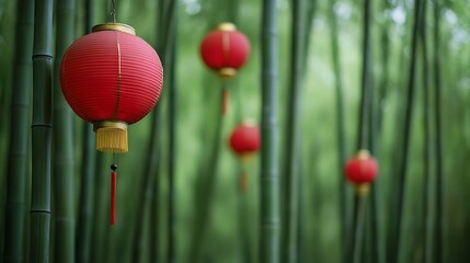 Obraz premium Vibrant Red Lanterns Hanging in a Serene Bamboo Grove with Lush Green Background Creating a Tranquil and Festive Atmosphere for Celebrations or Decorations