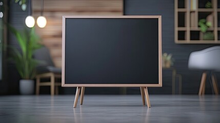 A modern blank blackboard in a professional workspace, surrounded by minimalist and soft lighting.
