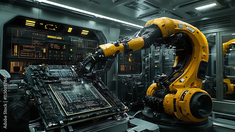 Poster robotic arm assembling circuit board in futuristic factory.