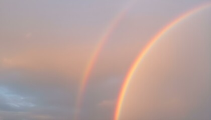Fototapeta premium Double rainbow in the early morning cloudy sky symbolizes. Scenic view of a rainbow over landscape against the sky. Vivid spring rainbow in the hills of northern England. Rainbow over a pine forest