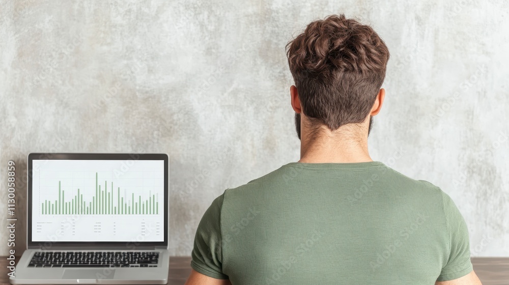 Poster man analyzing data on laptop back view graph business