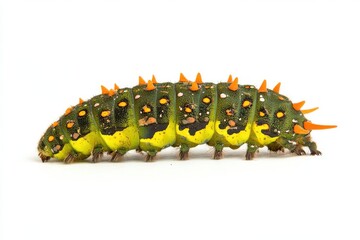 A vibrant green and yellow caterpillar with black stripes