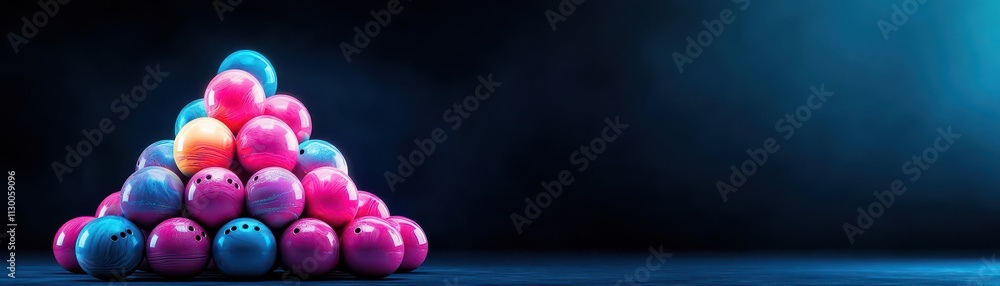 Aufkleber Abstract scene of neon bowling balls arranged in the shape of a glowing pyramid side view scifi tone splitcomplementary color scheme