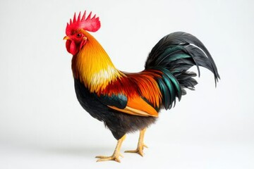 Fototapeta premium A vibrant rooster with a bright red comb glossy black tail feathers