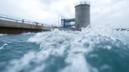 Obraz premium Turbulent Water Waves Crashing Against Industrial Dam