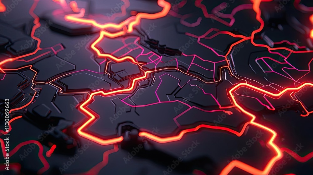 Poster map atlas idea. futuristic abstract surface with glowing neon lines in dark background.