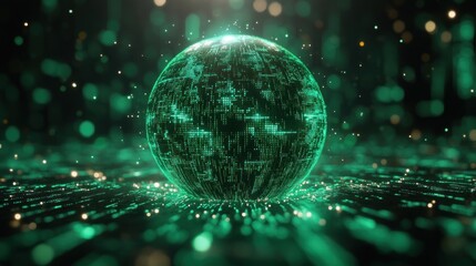 Global Digital Network Globe of Green Binary Code Illuminated with Neon Lights Representing Connectivity and Technology