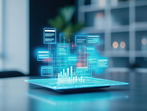 AI assistant generating summarized customer feedback for a business owner, holographic display, hightech vibe, efficient communication